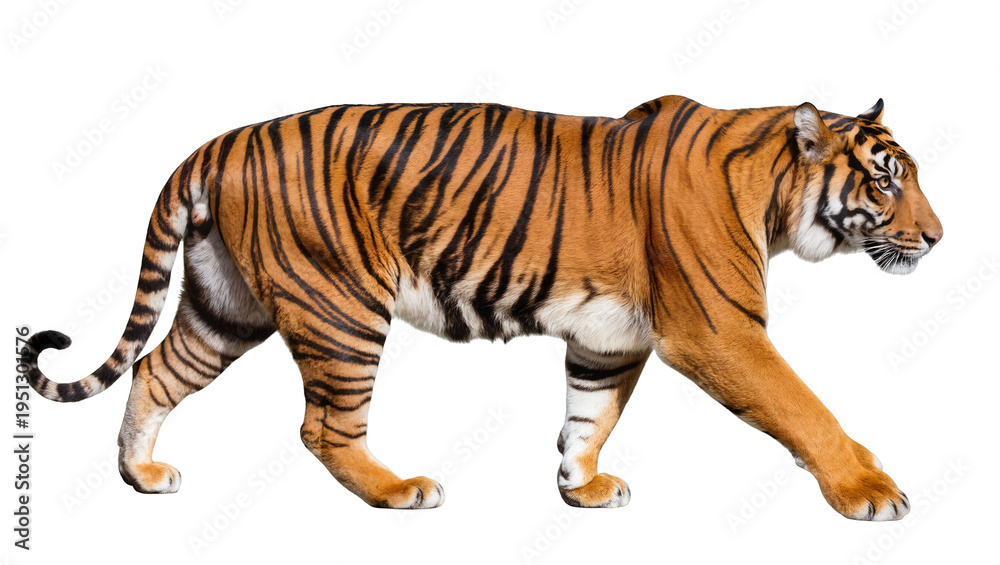 Obraz premium Isolated majestic tiger walking, powerful big cat with striped fur, wildlife predator