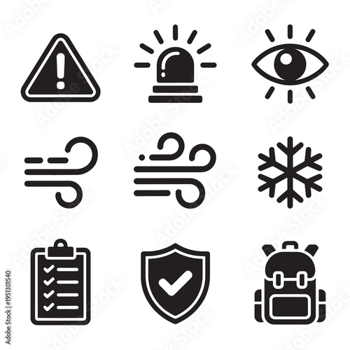 Set of warning, weather, and safety icons including alert, eye, wind, snowflake, checklist, shield, and backpack.