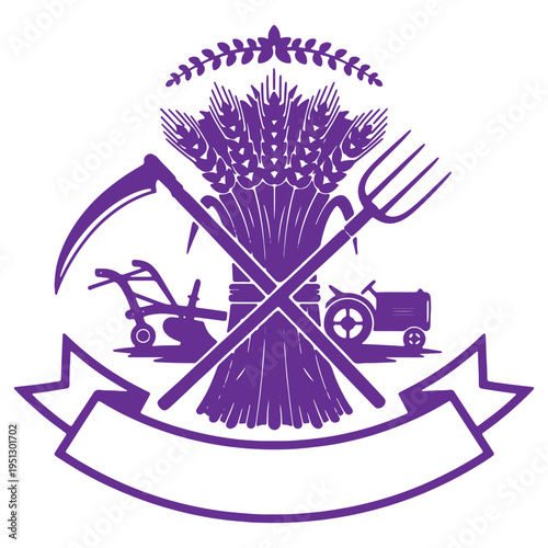 Agricultural harvest emblem with crossed sickle and pitchfork surrounded by wheat sheaf and farming equipment on ribbon banner isolated on white background