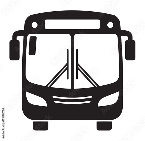 Front view black silhouette of a modern bus, isolated on a white background, passenger transportation.