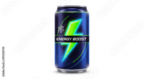 Energy drink can with blue and green lightning bolt design and energy boost text on white background