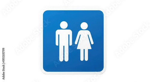 Blue restroom sign with white male and female stick figure icons isolated on transparent background