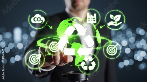 Professional engaging a futuristic holographic interface showing a recycling globe with environmental icons, representing sustainable development, ESG strategy, corporate responsibility, and...