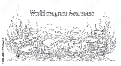 World Seagrass Awareness - Underwater Scene with Fish and Sea Plants Line Art