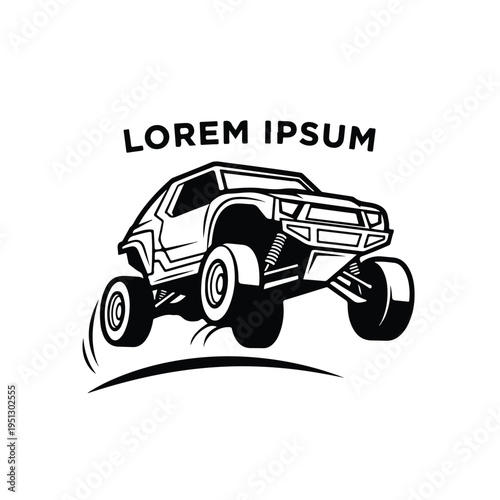 A black and white illustration of a monster truck with a 4x4 logo jumping over a curved line on a clean white background