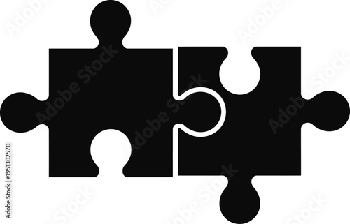 Two black puzzle pieces interlocking together representing connection and problem solving concept