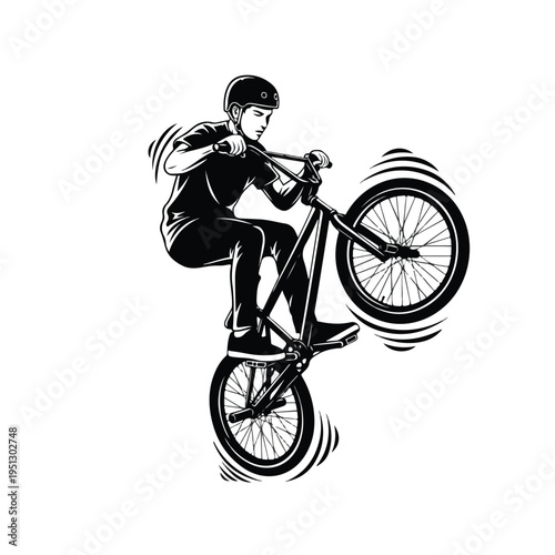 A black and white illustration of a bmx rider performing a trick on a bike with motion lines, conveying a sense of dynamic movement and energy