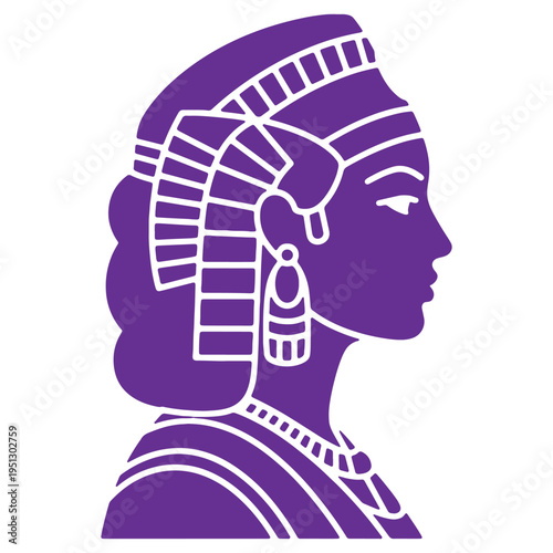 Ancient egyptian queen profile silhouette with ornate headdress and jewelry on transparent background