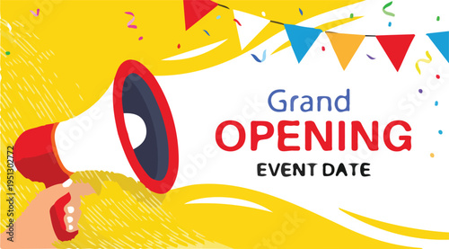 Grand opening banner template with megaphone in hand, retail promotion advertising design for social media marketing announcement