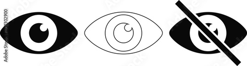 Three variations of eye icons displayed in a row featuring solid outline and crossed out styles
