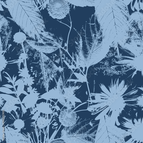 Seamless blue botanical silhouette pattern. Vintage cyanotype sun print floral background. Monochrome textured leaf and flower textile design.