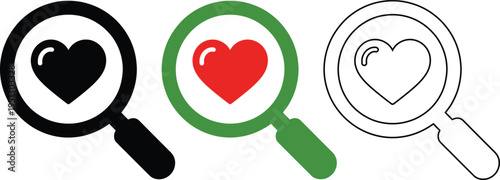Three stylized magnifying glass icons featuring heart symbols in different artistic styles