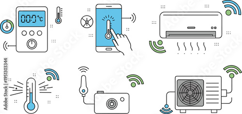 Smart thermostat and air conditioning control illustration set with temperature monitoring wifi cooling system technology