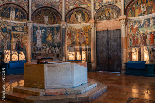 Interior view of the magnificent octagonal dome of the Parma Baptistery featuring medieval frescoes and religious iconography in Parma, Italy 06.01.2026
