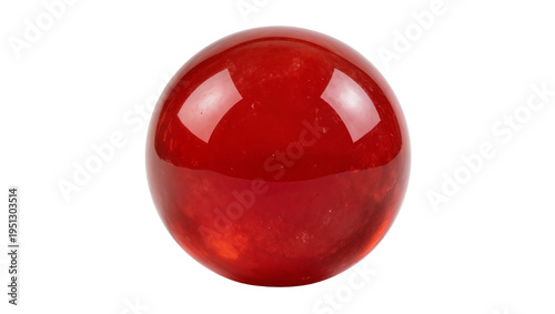 Isolated bright red polished mineral orb featuring glossy surface and light highlights.