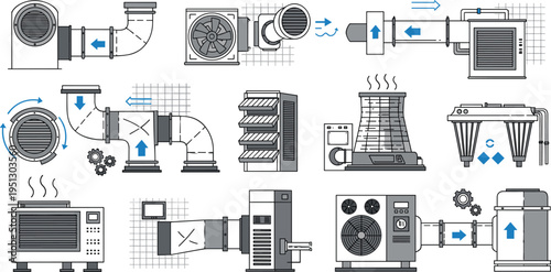 Industrial ventilation and HVAC system equipment illustration set with ducts fans air filter cooling tower technology