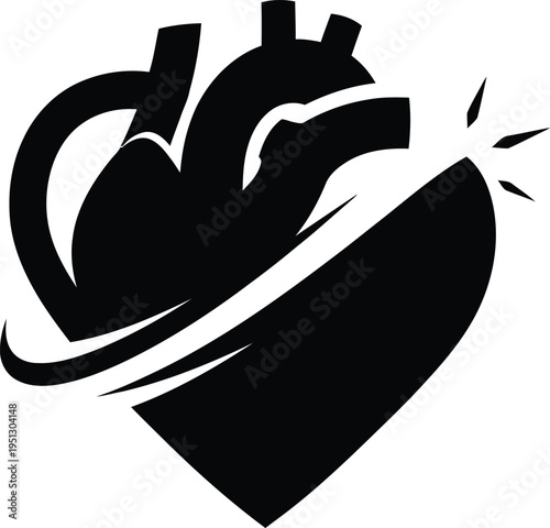 Vector art illustration of a stylized heart with a sword piercing through it in a dynamic motion.