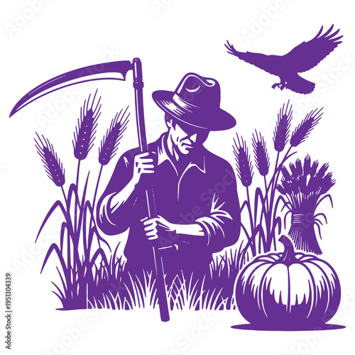Farmer with scythe standing in field surrounded by wheat and pumpkin isolated on transparent background