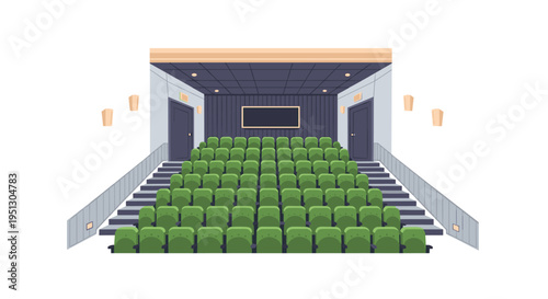 An empty movie theater with green seats and a dark screen is presented from an elevated perspective.