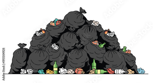 A large, overflowing pile of black garbage bags with visible trash is stacked haphazardly on a flat surface.