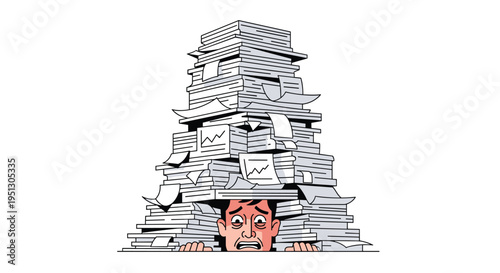 A person's head and outstretched arms are struggling beneath a tall, precariously balanced stack of white papers on a white background.