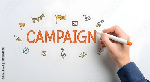 Hand writing campaign with colorful business icons around on whiteboard