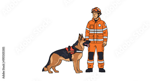 A male rescuer in an orange uniform and helmet stands beside a German Shepherd dog with a red harness on a white background.