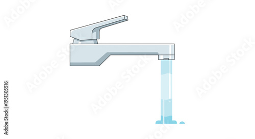 A minimalist silver faucet has a stream of blue water flowing horizontally from its spout onto a white background.