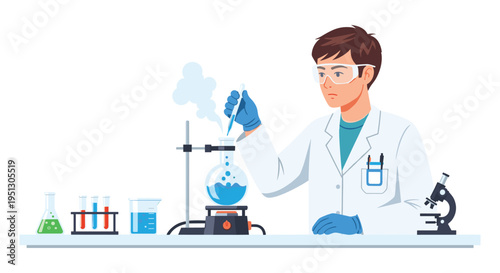 A male scientist in a lab coat and safety goggles conducts an experiment with a bubbling blue solution in a flask on a lab bench.