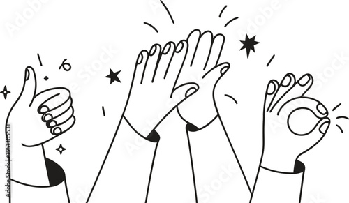 Hand gestures line art set showing applause, thumbs up, and success signs. Minimal black outline illustrations capture celebration and approval expressions. Perfect for social media icons, feedback 