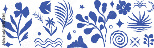 Blue abstract botanical elements set with flowers, leaves, and organic shapes. Modern decorative collection in flat minimal style for creative projects. Perfect for patterns, branding, packaging, 