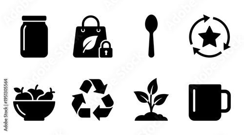 A collection of eco-friendly icons and sustainable symbols, including recycling signs, a plant growing, and a reusable bag, representing environmentally conscious practices and a healthy lifestyle.