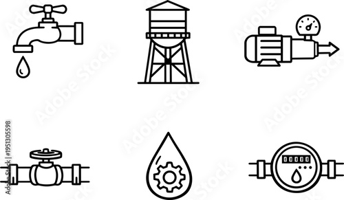 Water supply system pipeline industry line icons
