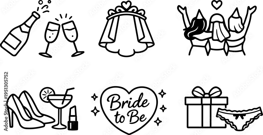 Fototapeta premium Bachelorette party wedding bride celebration line icons. Vector