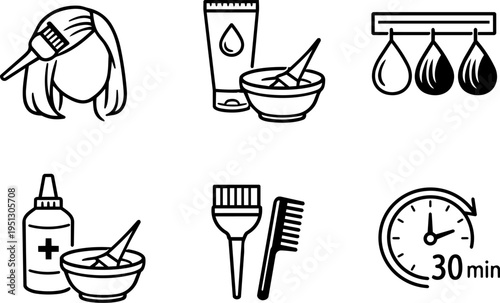 Hair coloring beauty salon dye treatment line icons. Vector