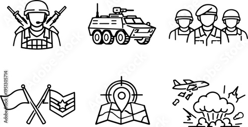 Military war operation army combat line icons