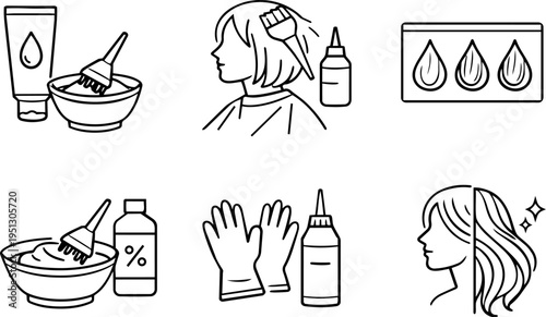 Hair coloring beauty salon dye treatment line icons