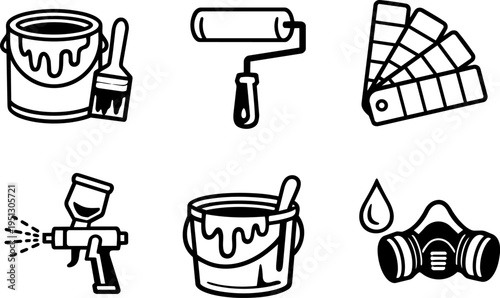 Painting tools repair renovation equipment line icons. Vector