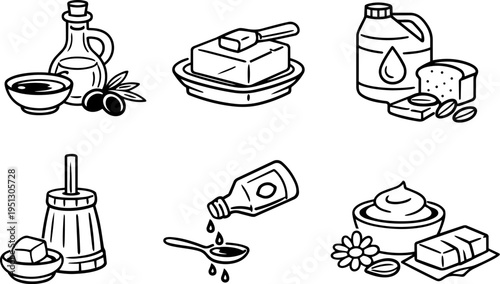 Oil butter dairy cooking industry line icons