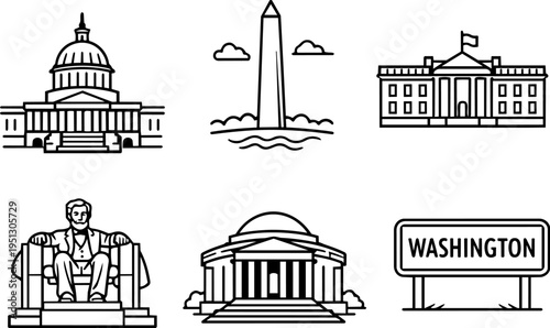 Washington landmarks USA government buildings line icons. Vector