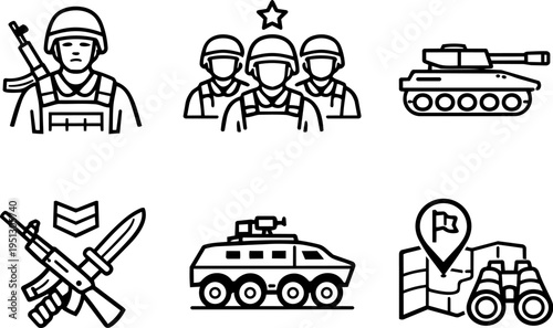 Military army combat equipment soldier line icons
