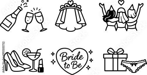 Bachelorette party wedding bride celebration line icons. Vector