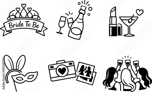 Bachelorette party wedding bride celebration line icons