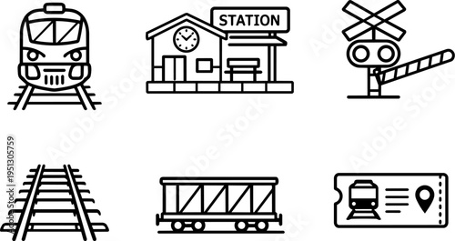 Railway transport train station travel line icons. Vector