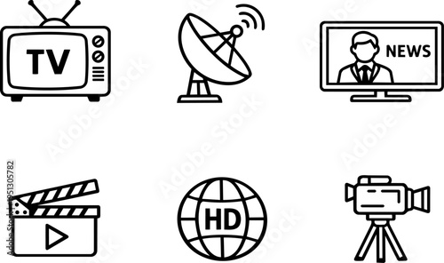 Media broadcast television news video line icons