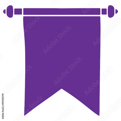 Purple banner or flag hanging from a horizontal bar with decorative ends isolated on transparent background