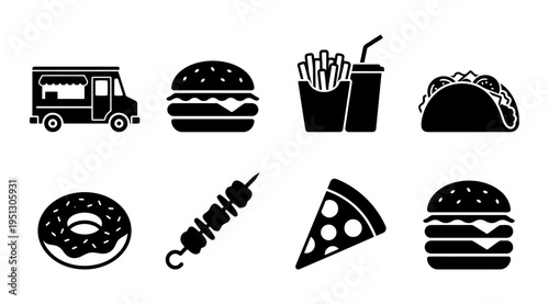 A collection of black and white food icons featuring a truck, burger, fries, taco, donut, skewer, and pizza, ideal for use in menus, advertisements, or food-related marketing materials.