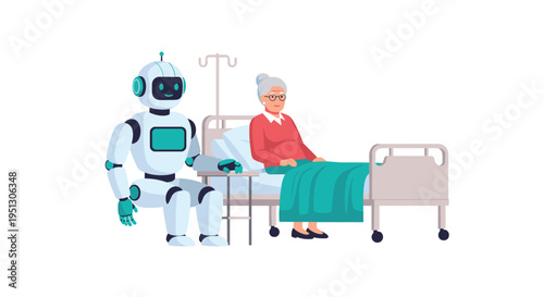A humanoid robot stands beside an elderly woman sitting in a hospital bed with an IV pole.
