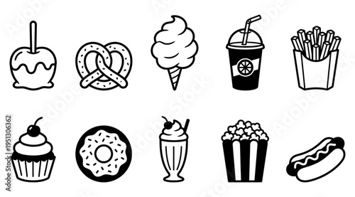 A set of black and white icons featuring various fast food items, including desserts and snacks, perfect for use in advertising, menus, or marketing materials.