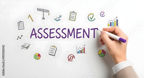 Hand writing assessment with marker and educational icons around